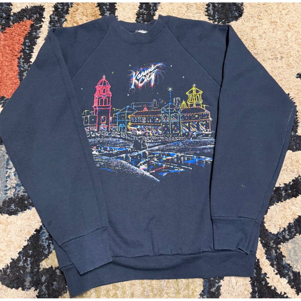 Vintage Kansas City Country Club Plaza Neon Graphic Sweatshirt Black Raglan